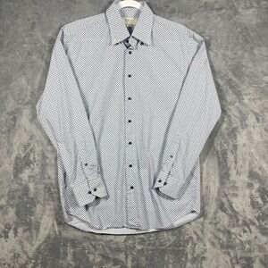 HAGEN Carmel CA Mens White Blue Geometric Print Long Sleeve Button Down Shirt L